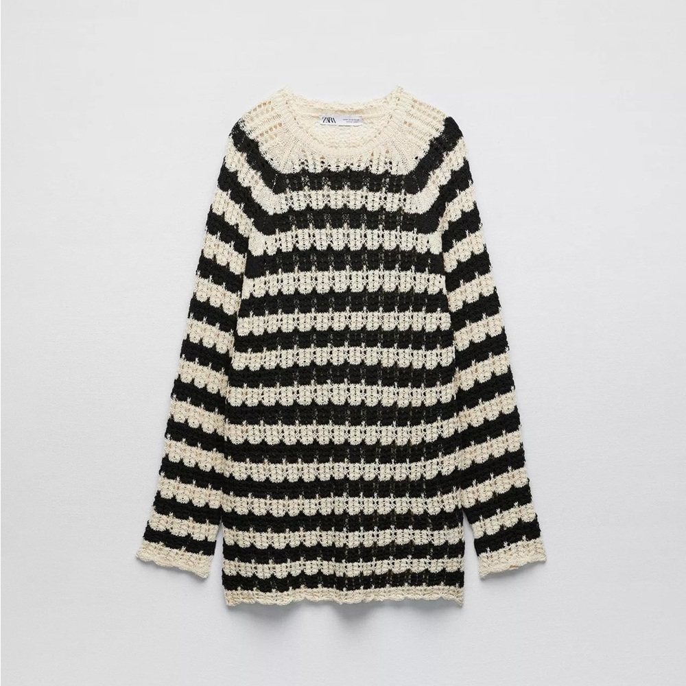 Zara STRIPED POINTELLE KNIT SWEATER Small